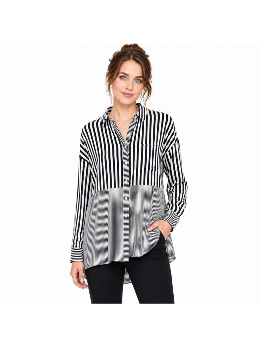 Jane And Delancey Size XL Black White Mixed Stripe Button Down Tunic Shirt